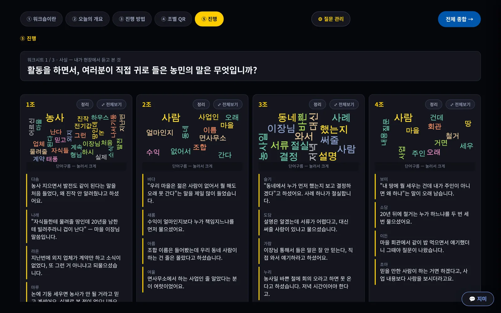 탭 다섯째 정리 단계. 조마다 단어구름이 뜨고 그 아래 답변이 이어진다.